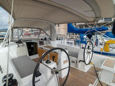 Cockpit of Malilu, a Beneteau Oceanis 35.1 sailboat at Toulon, France