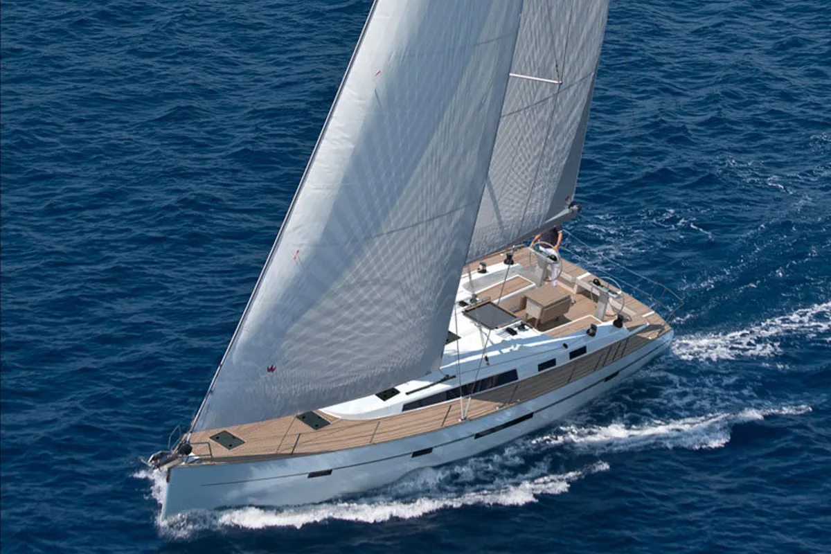 Exterior view of AF-B56C, a Bavaria Cruiser 56 sailboat at Athens, Greece
