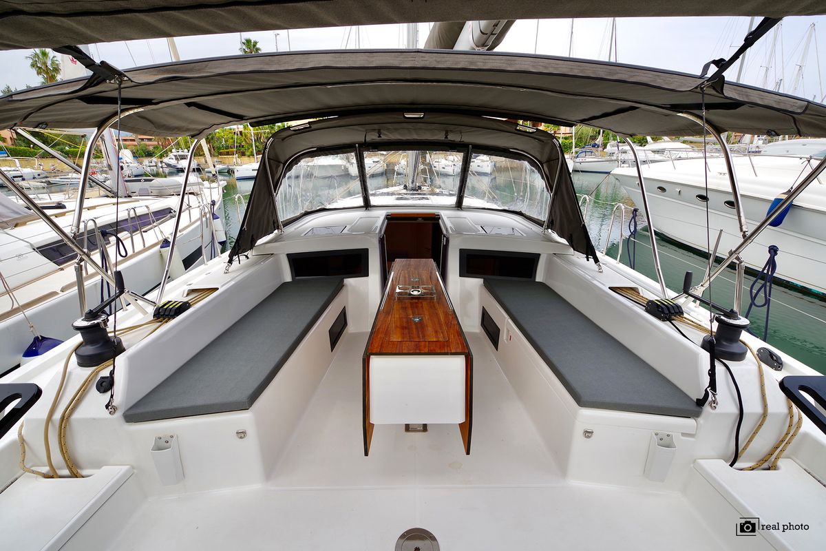 Deck of Clelia, a Dufour 470 sailboat at Tonnarella, Italy