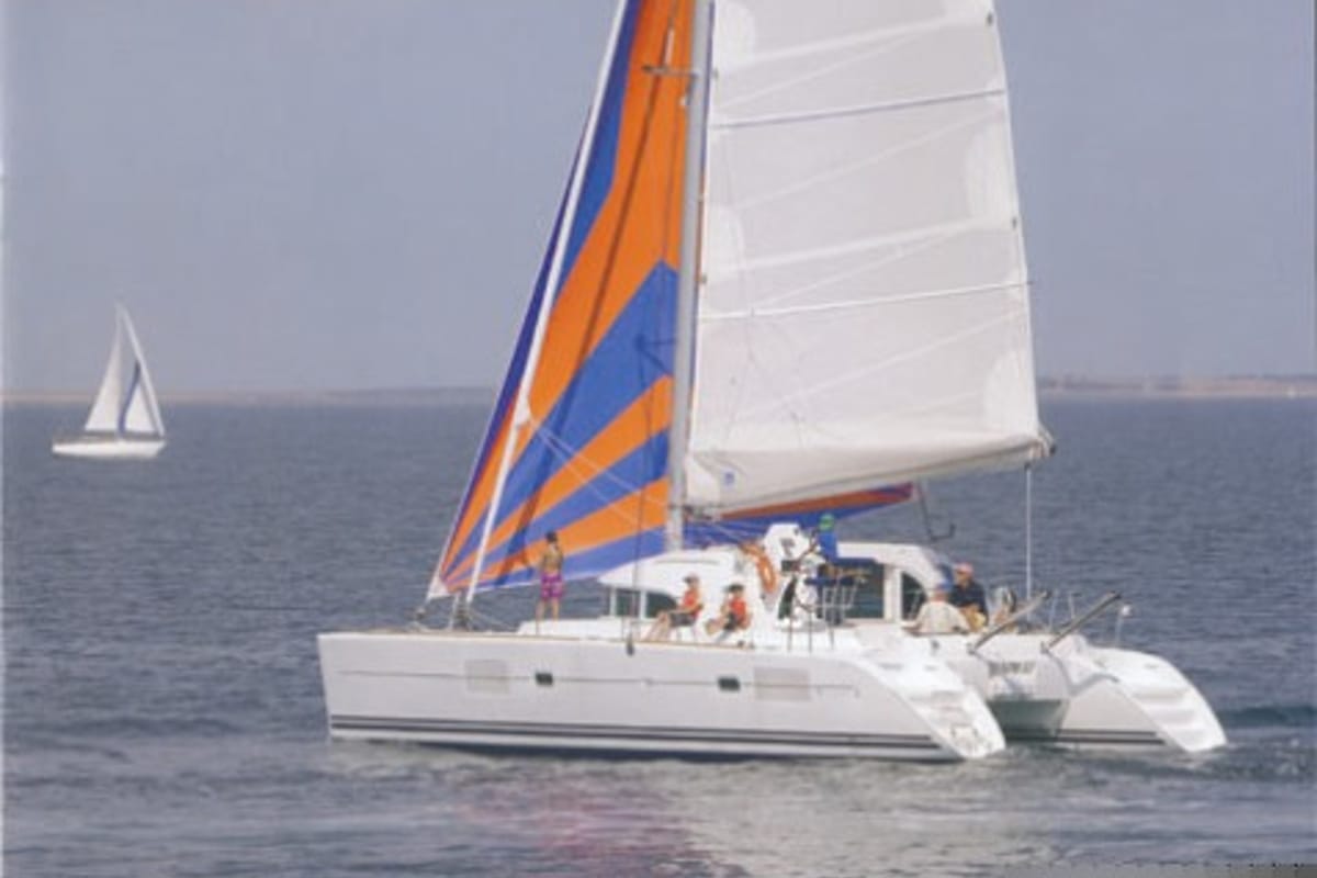 Exterior view of Why Knot, a Lagoon 380 S2 catamaran at Municipal Unit of Ellomenos, Greece