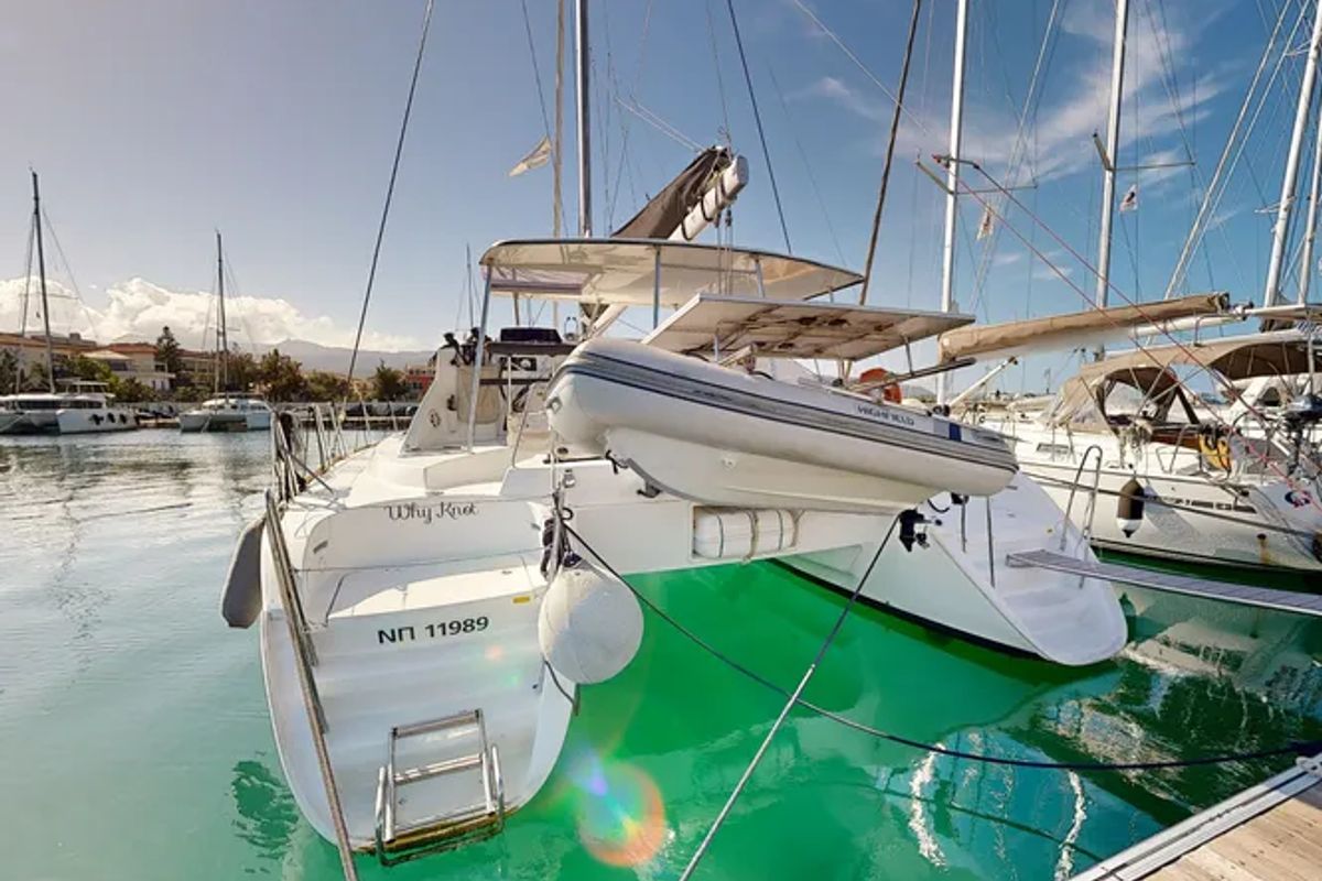 Exterior view of Why Knot, a Lagoon 380 S2 catamaran at Municipal Unit of Ellomenos, Greece