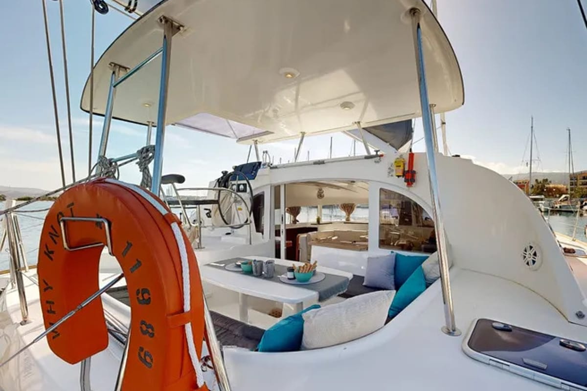 Deck of Why Knot, a Lagoon 380 S2 catamaran at Municipal Unit of Ellomenos, Greece