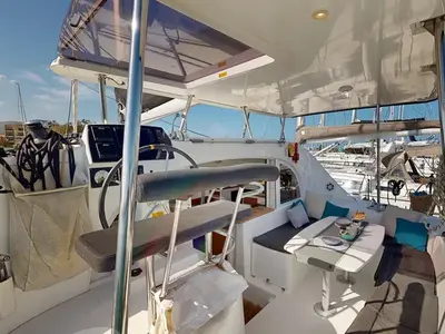 Cockpit of Why Knot, a Lagoon 380 S2 catamaran at Municipal Unit of Ellomenos, Greece