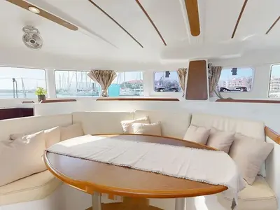 Salon of Why Knot, a Lagoon 380 S2 catamaran at Municipal Unit of Ellomenos, Greece