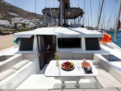 Deck of Neda, a Bali 4.6 catamaran at Tourlos, Greece