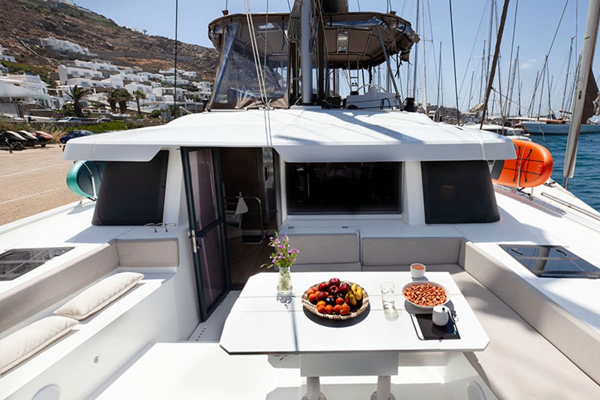 Deck of Neda, a Bali 4.6 catamaran at Tourlos, Greece