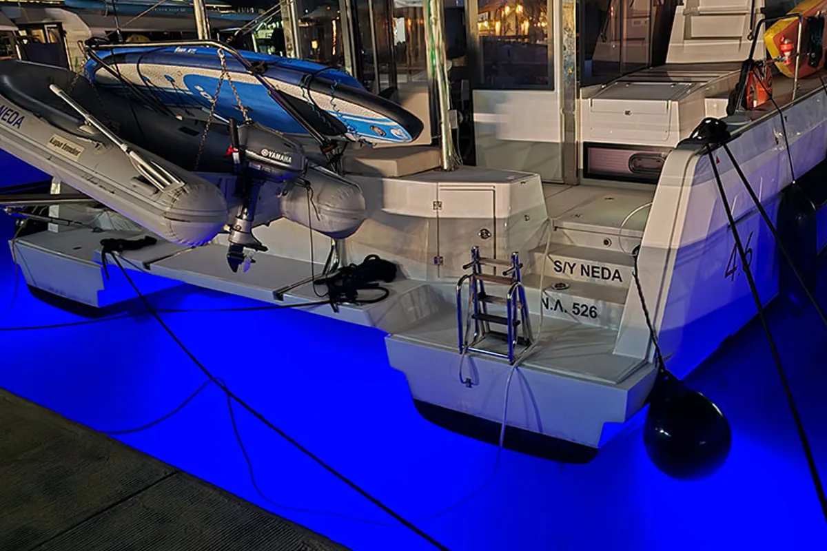 Exterior view of Neda, a Bali 4.6 catamaran at Tourlos, Greece
