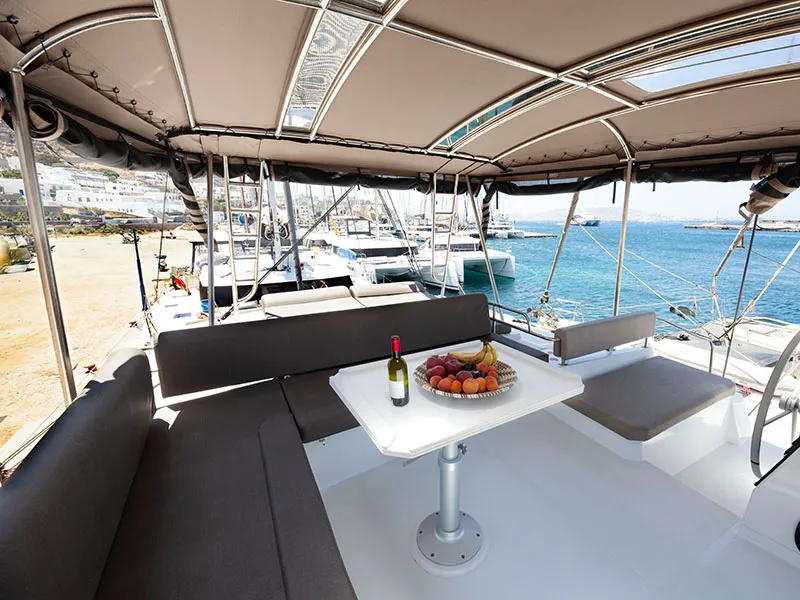 Deck of Neda, a Bali 4.6 catamaran at Tourlos, Greece