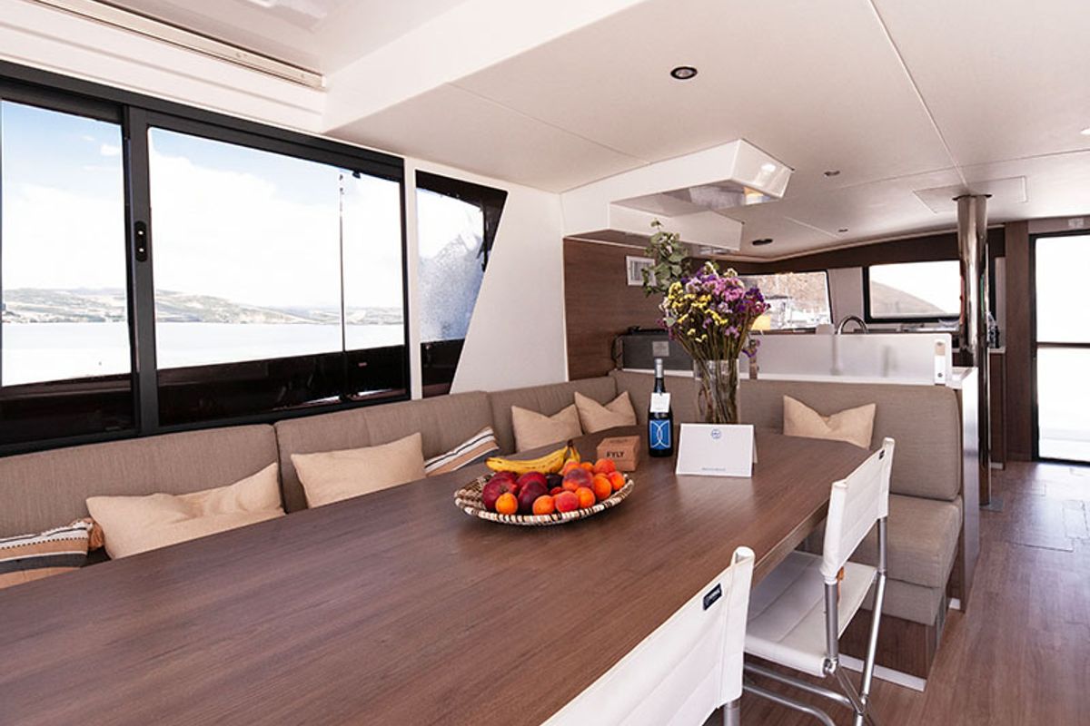 Salon of Neda, a Bali 4.6 catamaran at Tourlos, Greece