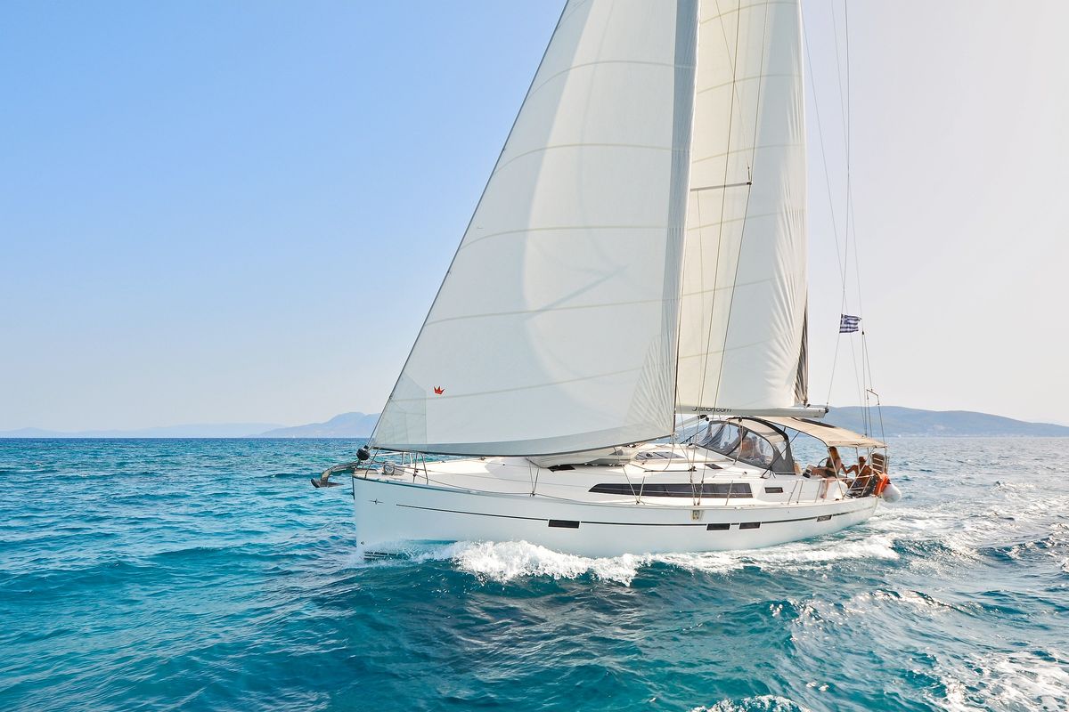 Exterior view of Artemis, a Bavaria Cruiser 46 sailboat at Athens, Greece