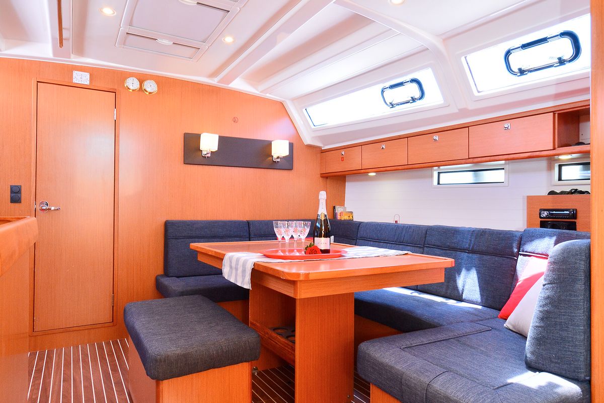 Salon of Artemis, a Bavaria Cruiser 46 sailboat at Athens, Greece