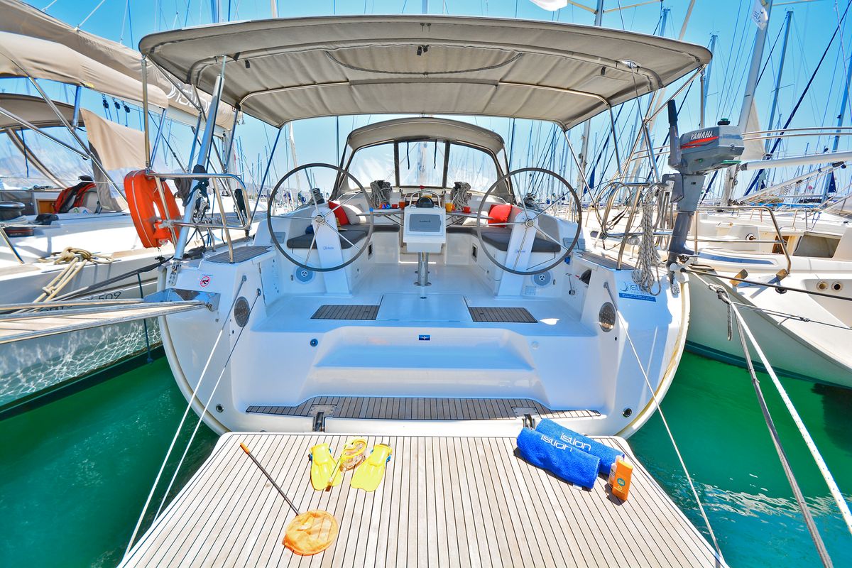 Cockpit of Artemis, a Bavaria Cruiser 46 sailboat at Athens, Greece