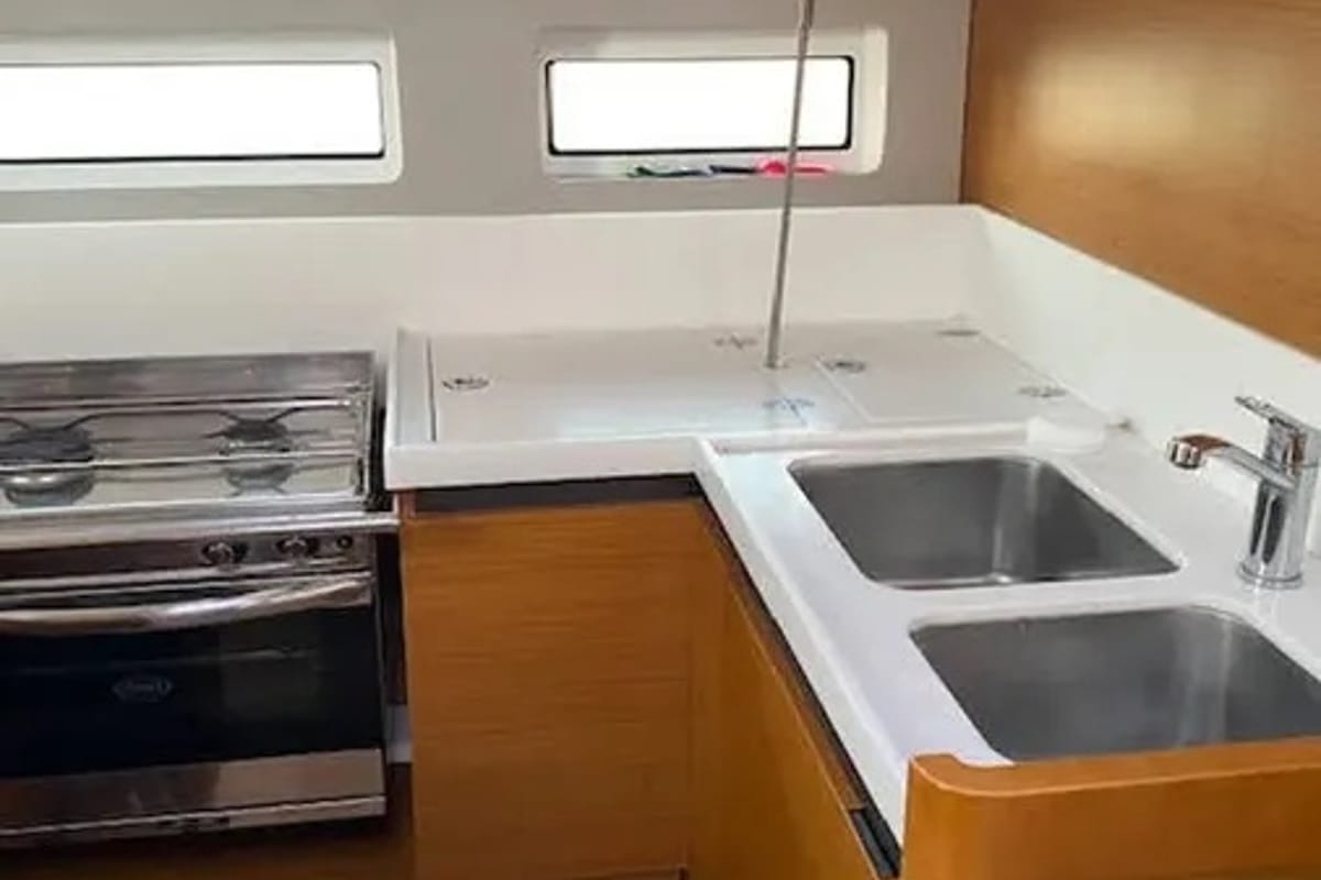 Galley of Goji Berry, a Jeanneau Sun Odyssey 440 sailboat at Parikia, Greece