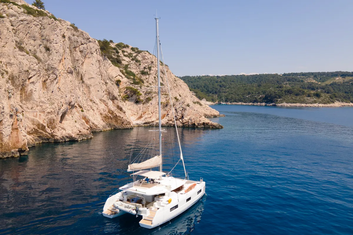 Exterior view of Galathea, a Lagoon 46 catamaran at Grad Trogir, Croatia