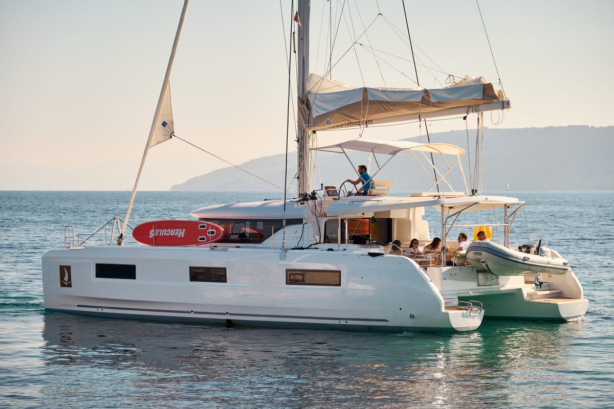 Exterior view of Galathea, a Lagoon 46 catamaran at Grad Trogir, Croatia