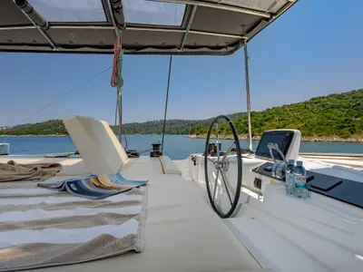 Cockpit of Galathea, a Lagoon 46 catamaran at Grad Trogir, Croatia