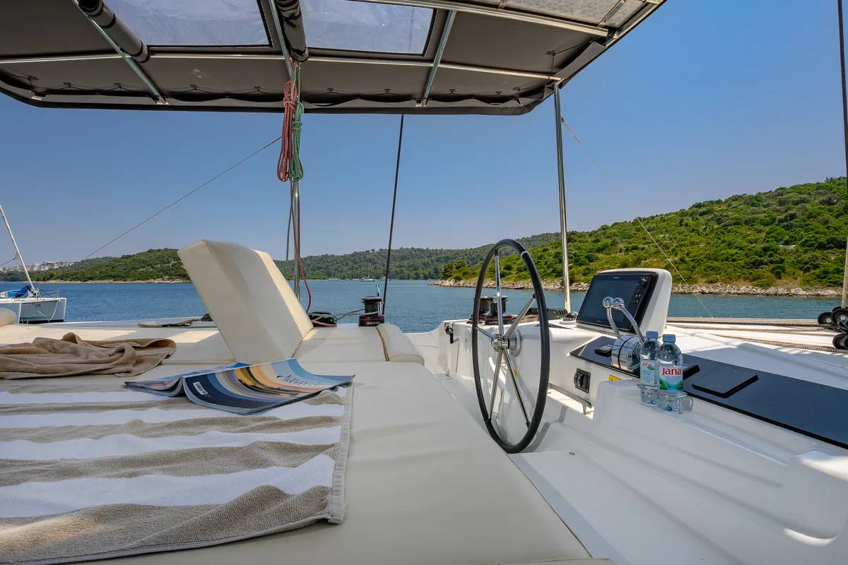 Cockpit of Galathea, a Lagoon 46 catamaran at Grad Trogir, Croatia
