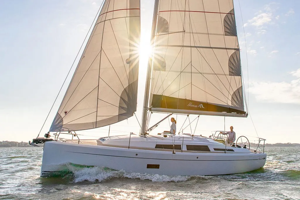 Exterior view of Kami, a Hanse Yachts Hanse 345 sailboat at Roses, Spain
