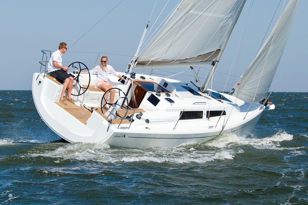 Exterior view of Kami, a Hanse Yachts Hanse 345 sailboat at Roses, Spain