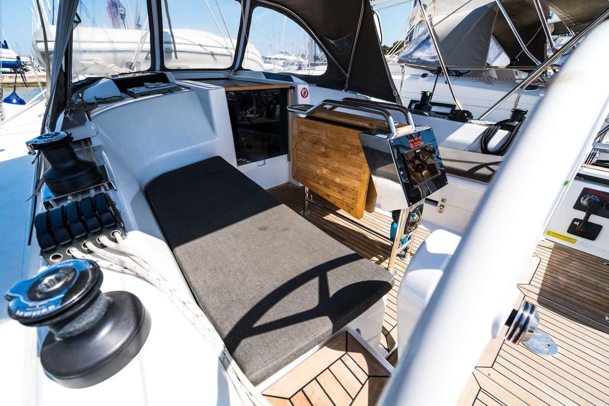 Deck of Kami, a Hanse Yachts Hanse 345 sailboat at Roses, Spain
