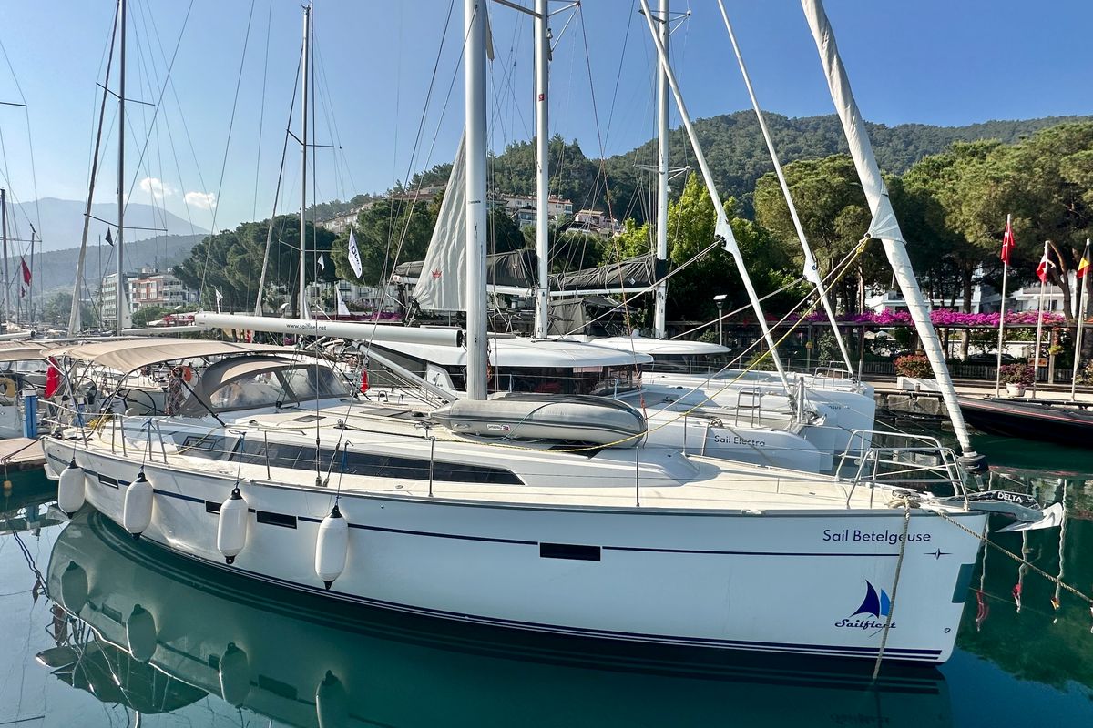 Exterior view of Sail Betelgeuse, a Bavaria Cruiser 46 sailboat at Fethiye, Turkey