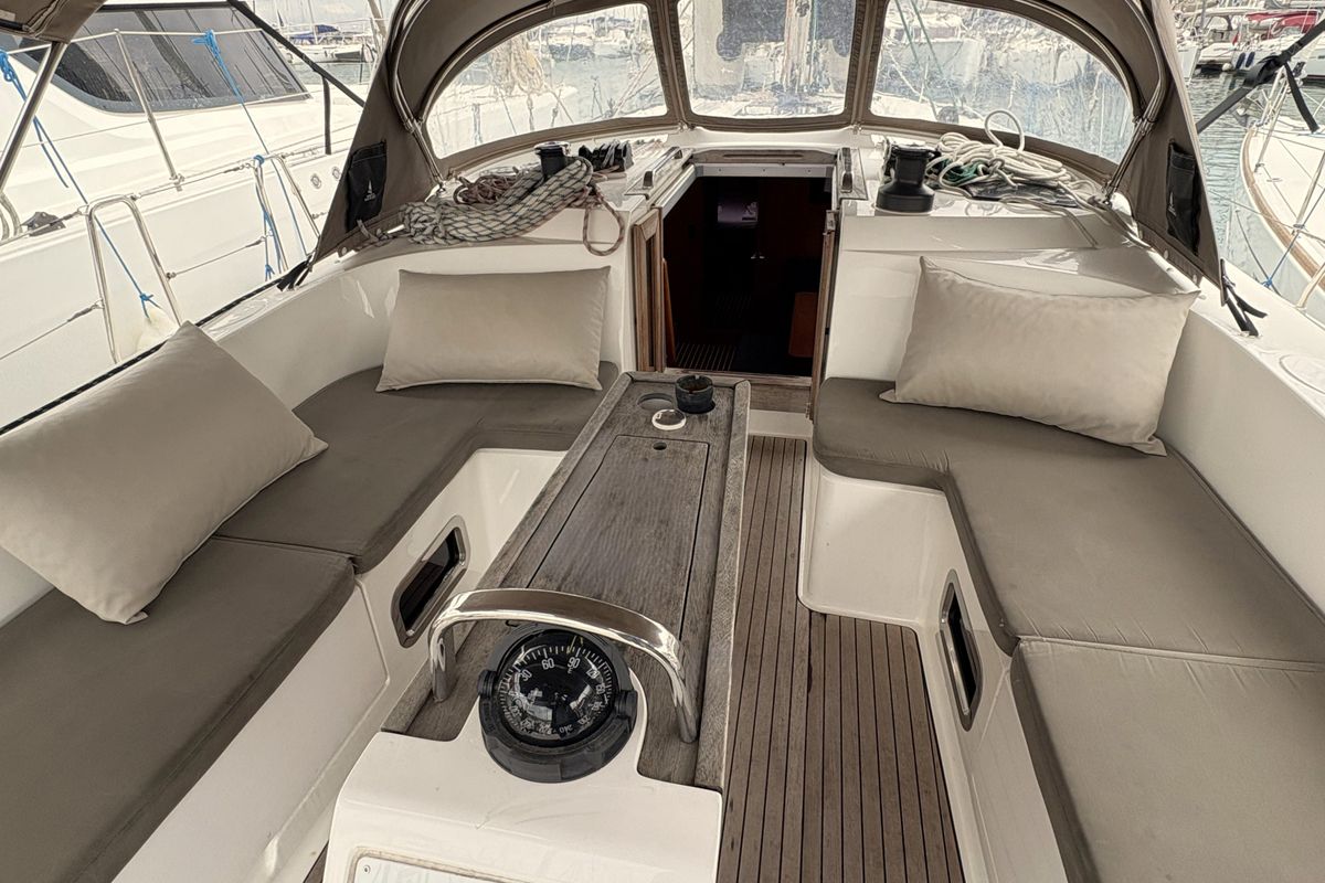 Deck of Sail Betelgeuse, a Bavaria Cruiser 46 sailboat at Fethiye, Turkey