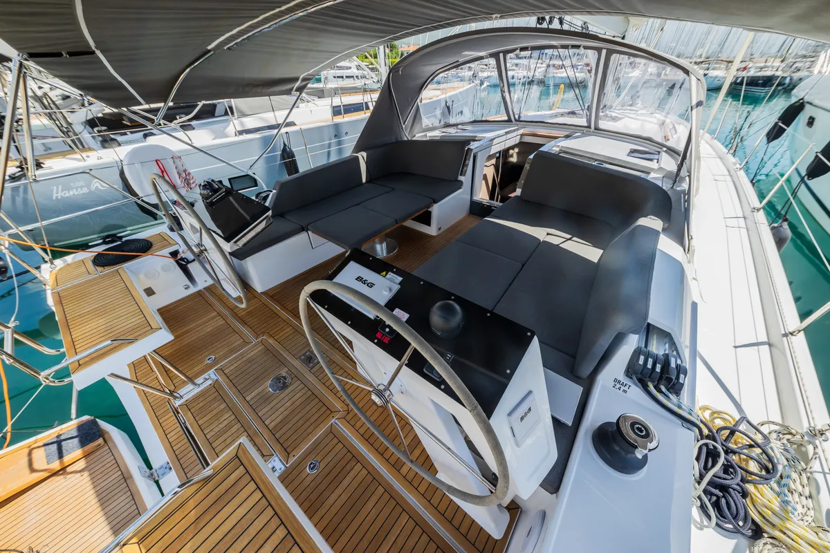 Cockpit of Wanderlust, a Hanse Yachts Hanse 460 sailboat at Grad Kaštela, Croatia