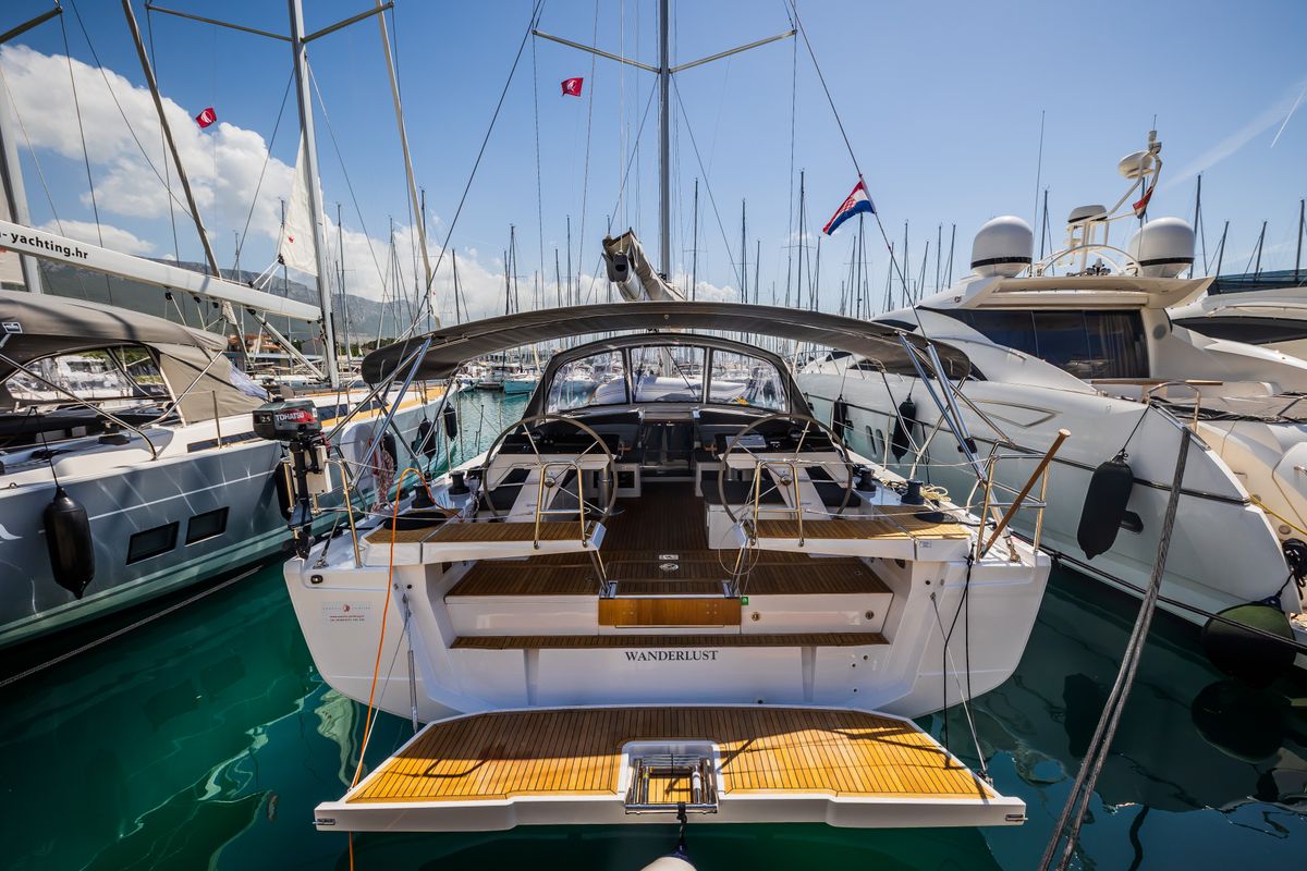 Exterior view of Wanderlust, a Hanse Yachts Hanse 460 sailboat at Grad Kaštela, Croatia