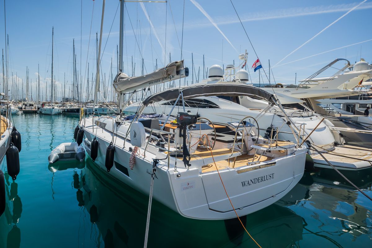 Exterior view of Wanderlust, a Hanse Yachts Hanse 460 sailboat at Grad Kaštela, Croatia