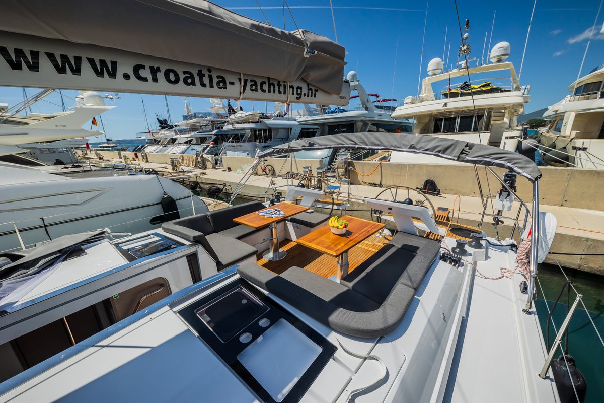 Deck of Wanderlust, a Hanse Yachts Hanse 460 sailboat at Grad Kaštela, Croatia