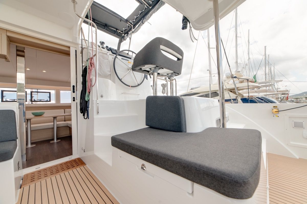 Cockpit of Arca 40, a Lagoon 40 catamaran at Olbia, Italy