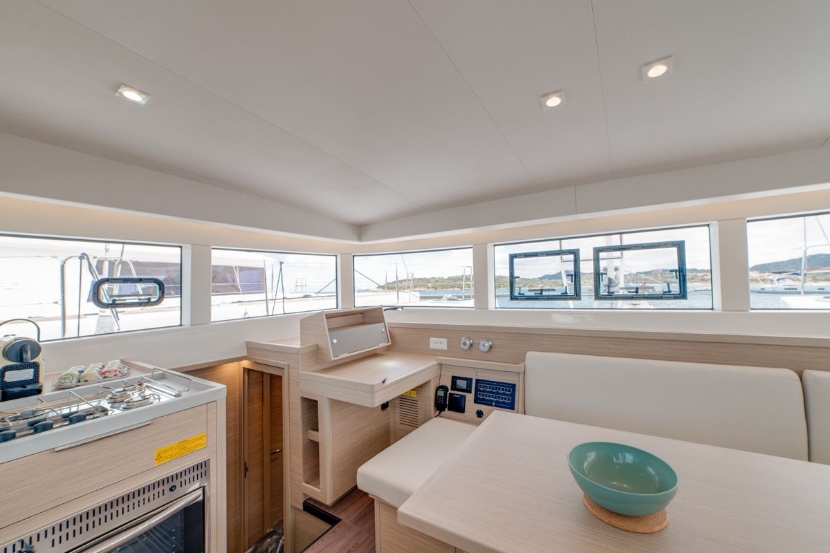 Salon of Arca 40, a Lagoon 40 catamaran at Olbia, Italy