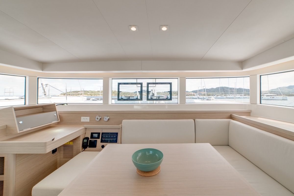 Salon of Arca 40, a Lagoon 40 catamaran at Olbia, Italy