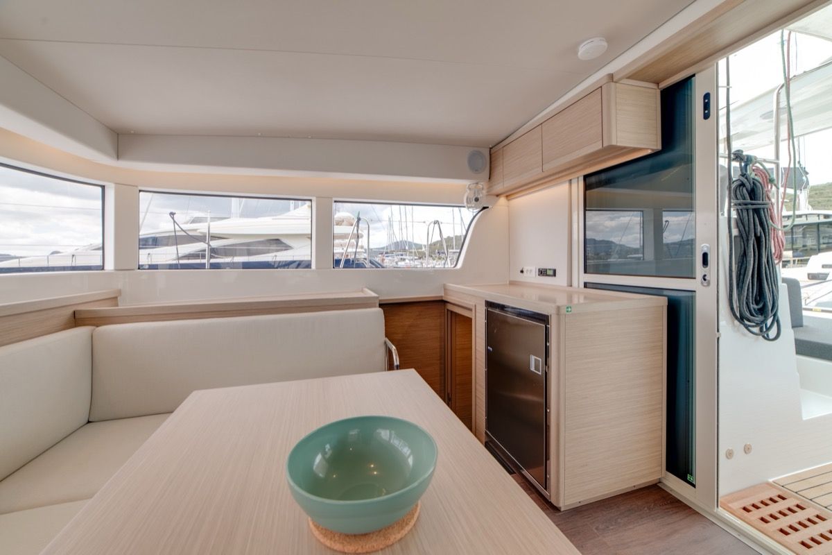 Salon of Arca 40, a Lagoon 40 catamaran at Olbia, Italy