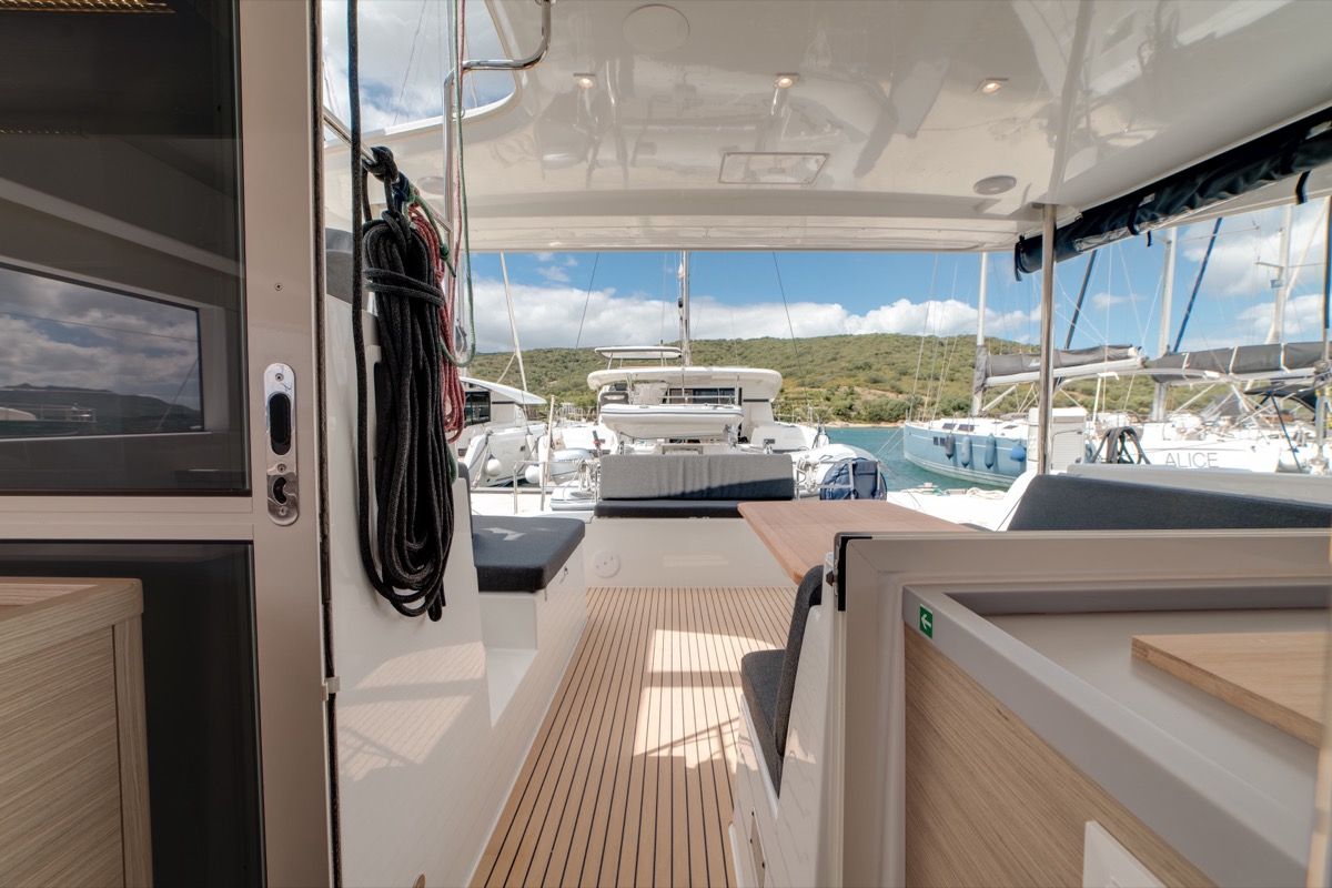 Deck of Arca 40, a Lagoon 40 catamaran at Olbia, Italy