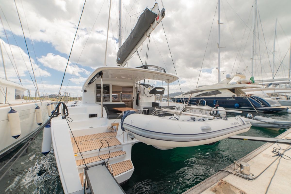 Exterior view of Arca 40, a Lagoon 40 catamaran at Olbia, Italy