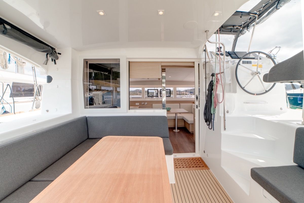 Deck of Arca 40, a Lagoon 40 catamaran at Olbia, Italy