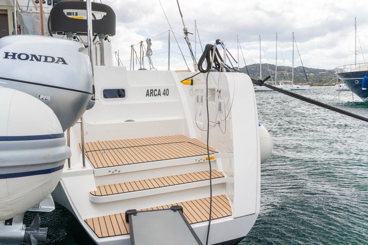 Exterior view of Arca 40, a Lagoon 40 catamaran at Olbia, Italy