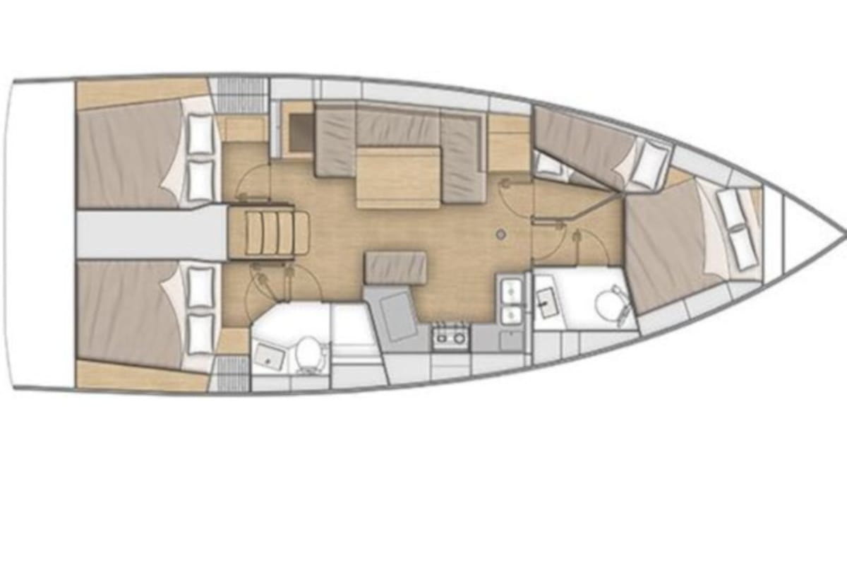 Floor plan of Alma Libre VII, a Beneteau Oceanis 40.1 sailboat at Municipal Unit of Lefkada, Greece
