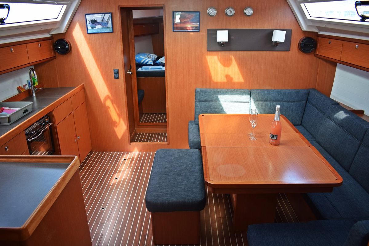 Galley of Lovrečina, a Bavaria Cruiser 46 sailboat at Grad Kaštela, Croatia