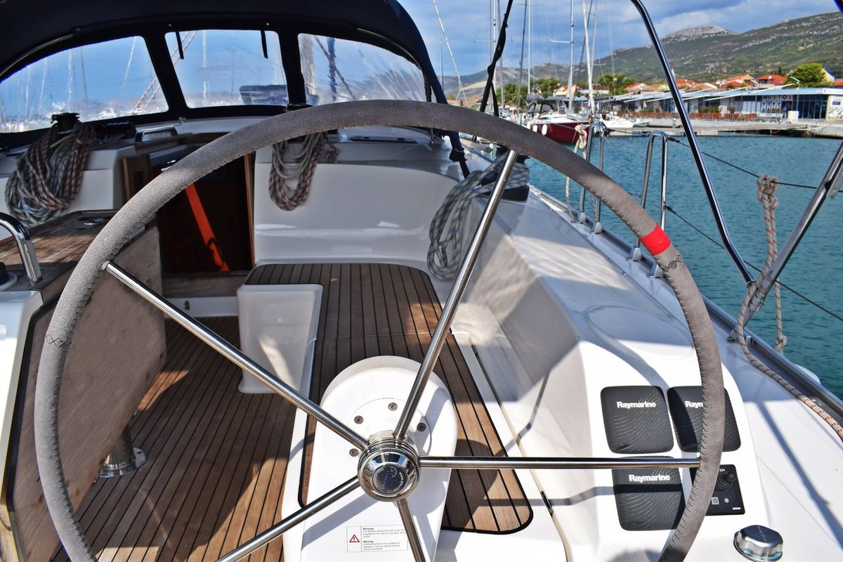 Deck of Lovrečina, a Bavaria Cruiser 46 sailboat at Grad Kaštela, Croatia