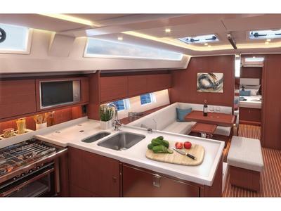 Galley of Wildcard, a Bavaria C45 sailboat at Cascais, Portugal