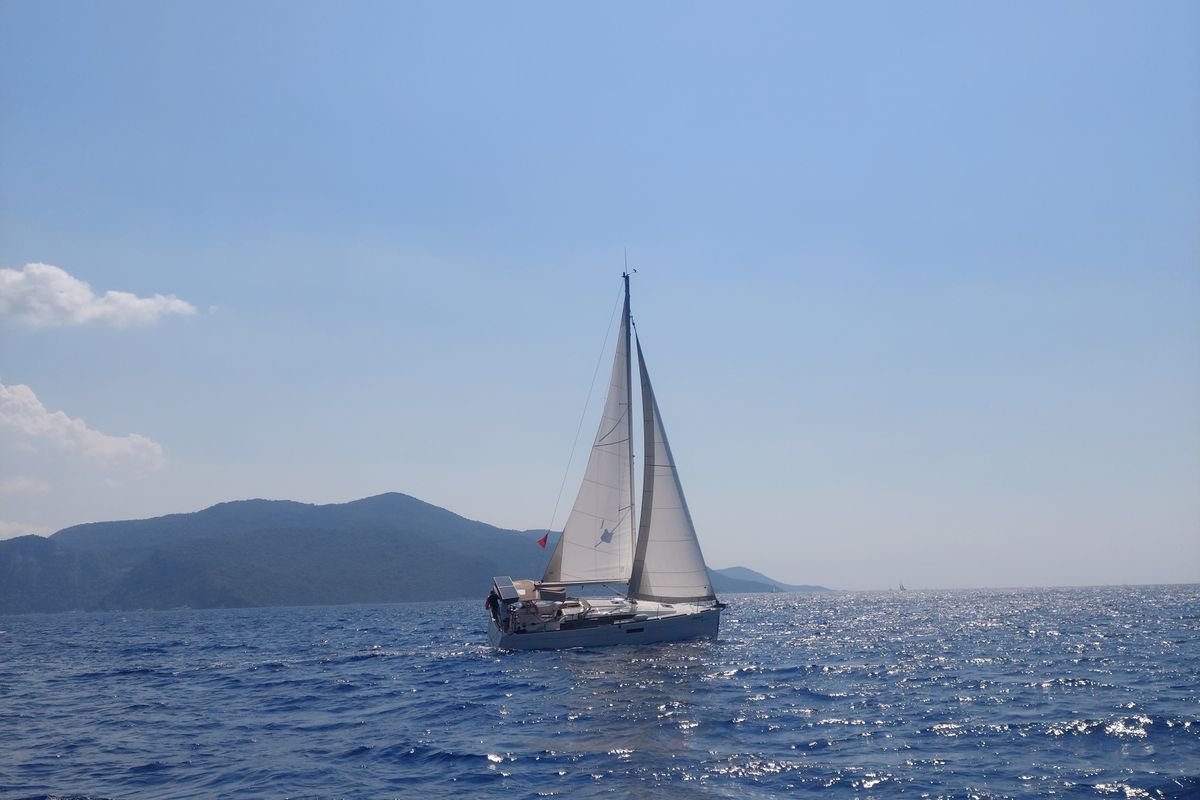Exterior view of Anahera, a Jeanneau Sun Odyssey 349 sailboat at Fethiye, Turkey