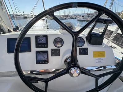 Cockpit of Escape, a Bali 4.0 catamaran at Palma de Mallorca, Spain