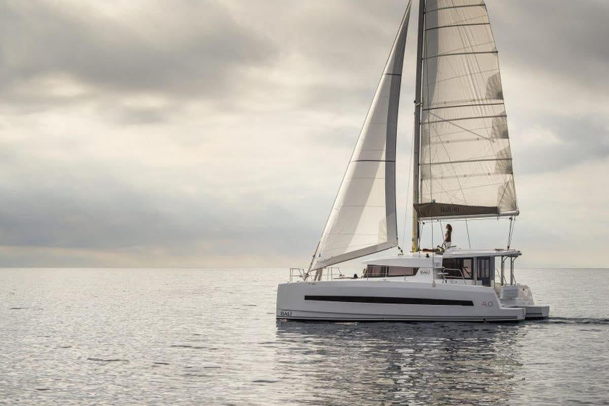 Exterior view of Escape, a Bali 4.0 catamaran at Palma de Mallorca, Spain