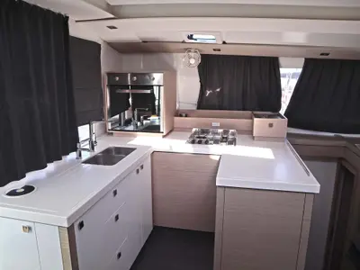 Galley of Hannah III, a Fountaine Pajot Astréa 42 catamaran at Athens, Greece
