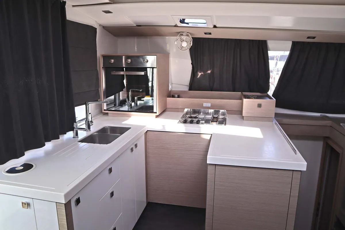 Galley of Hannah III, a Fountaine Pajot Astréa 42 catamaran at Athens, Greece