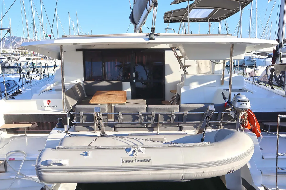 Exterior view of Hannah III, a Fountaine Pajot Astréa 42 catamaran at Athens, Greece