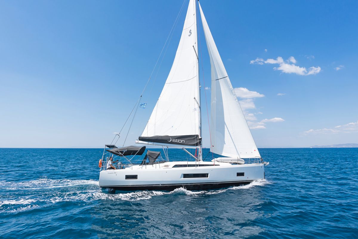 Exterior view of Almyra, a Beneteau Oceanis 46.1 sailboat at Athens, Greece