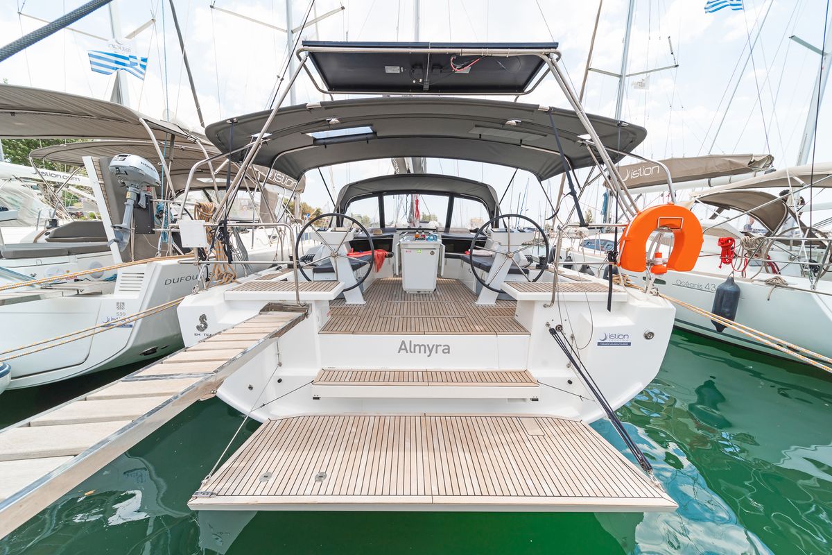 Cockpit of Almyra, a Beneteau Oceanis 46.1 sailboat at Athens, Greece